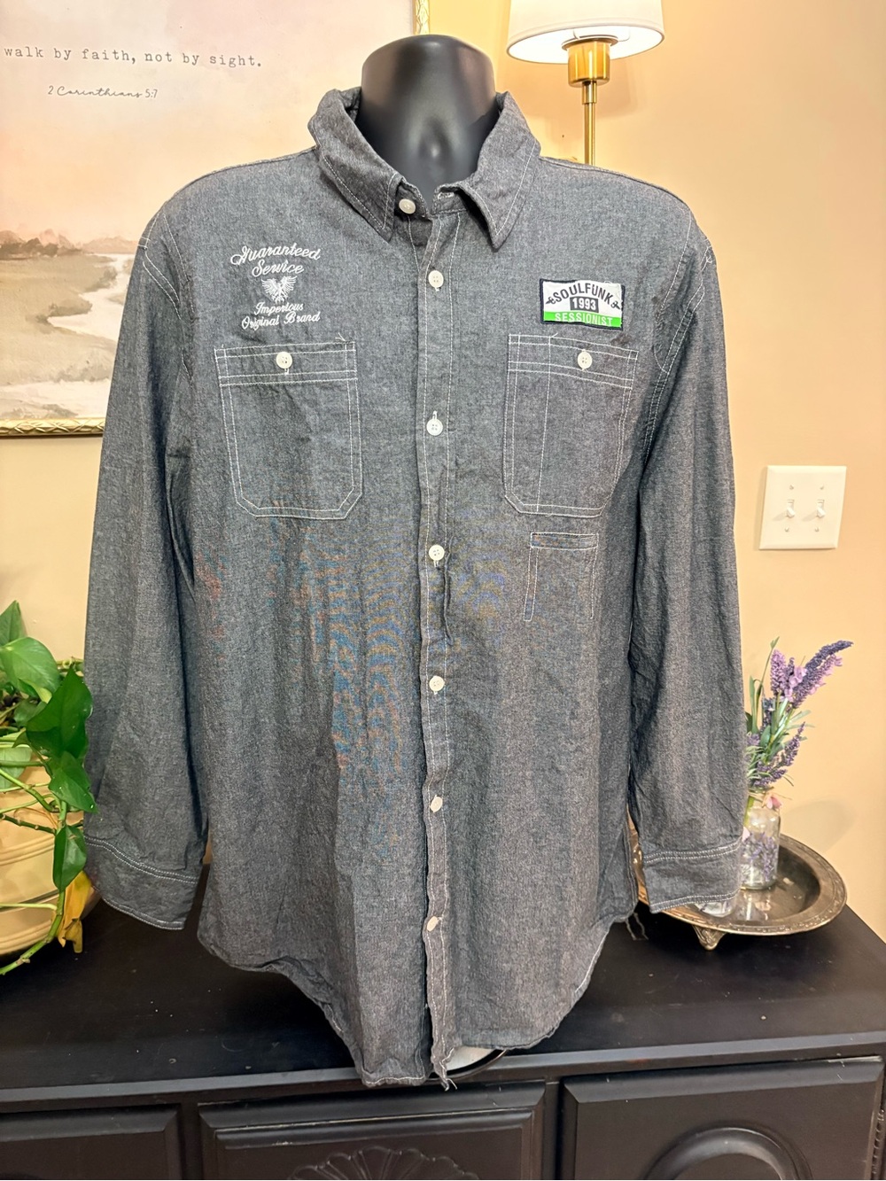 Vintage Y2K Soulfunk Grey Long-Sleeve Casual Button-Down Shirt